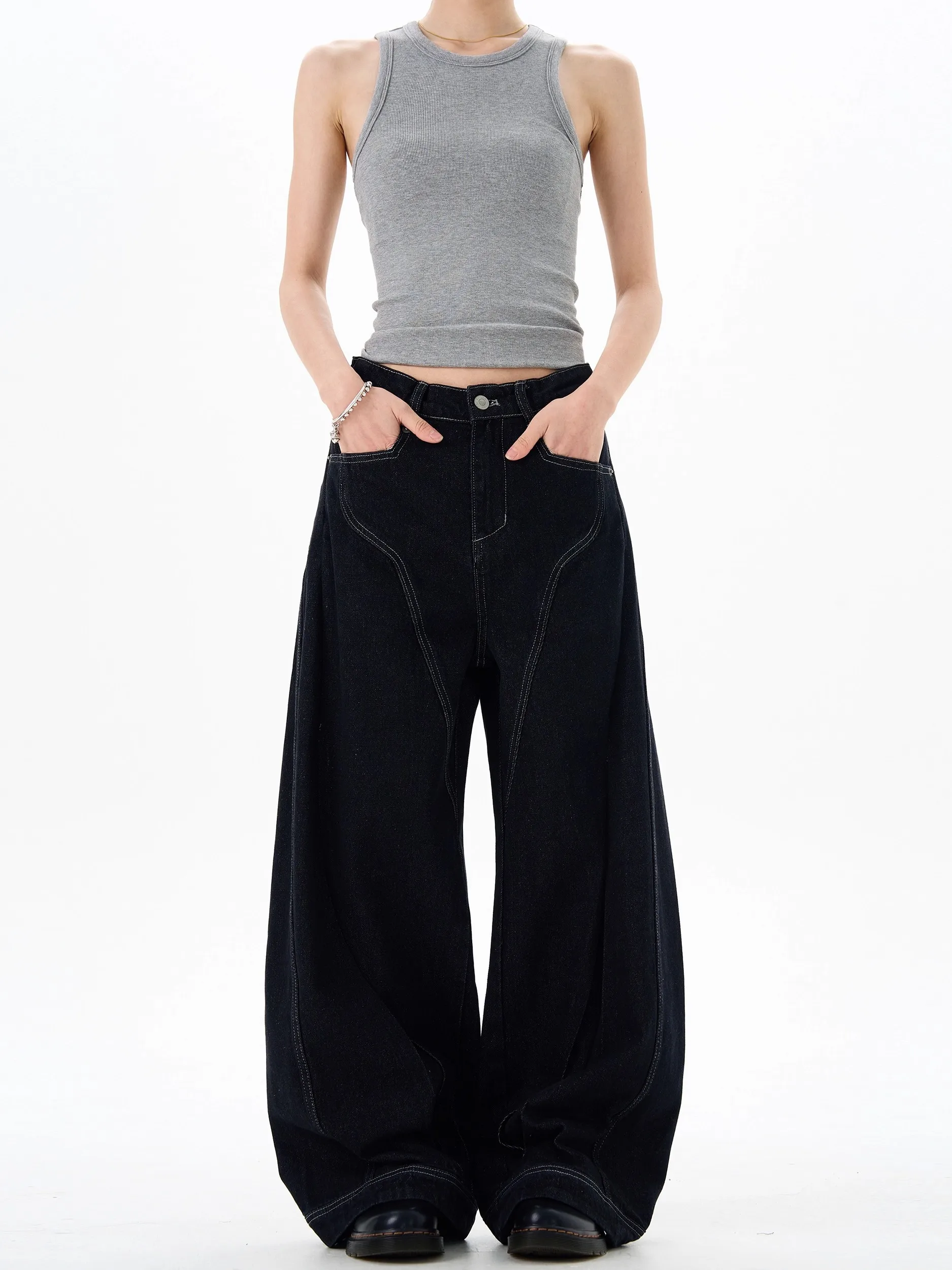 

Women's Black Gothic Line Jeans Baggy Trousers Y2K American Harajuku High Street Oversize Aesthetic Wide Leg Jeans Pants 2025