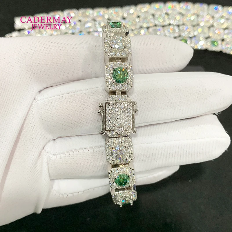 HipHop Jewelry 925silver 10mm Square Clustered Iced Out Green Mixed White Moissanite Bracelet Rock Candy Moissanite Tennis Chain view 3