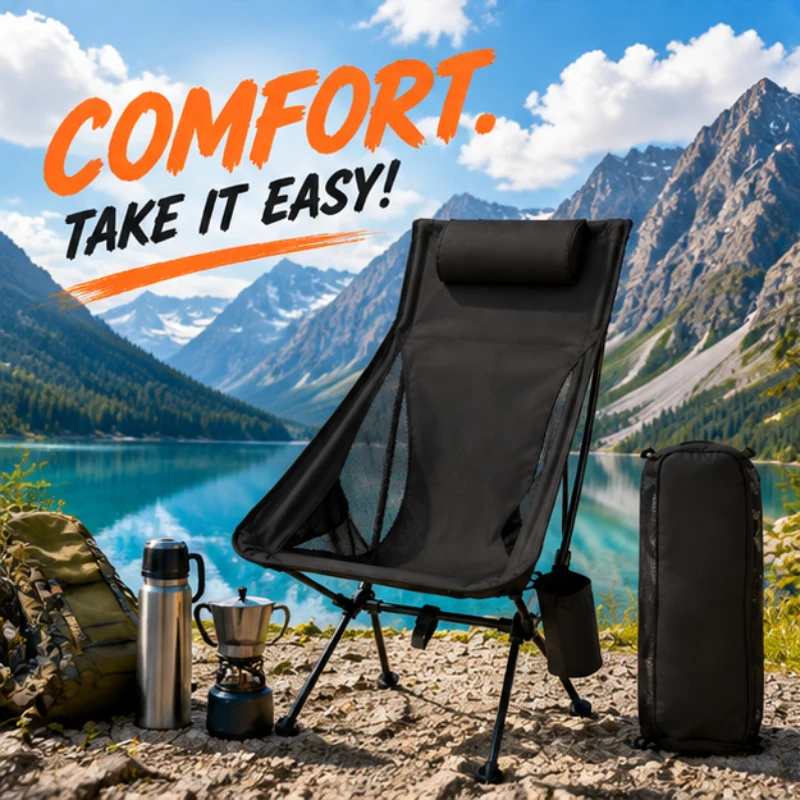 Fishing Portable Foldable Camping Chair, Ultralight Aluminum Frame with Thick Padded Headrest for Outdoor Rest