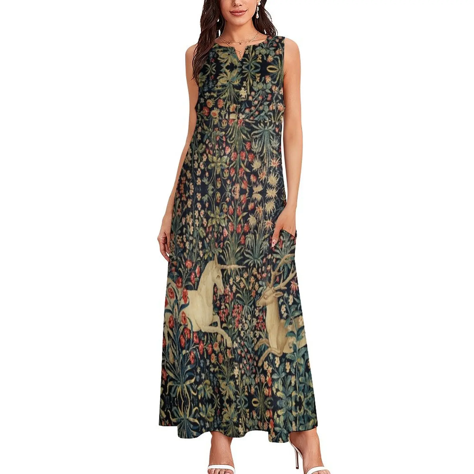 UNICORN AND DEER AMONG FLOWERS, FOREST ANIMALS FLEMISH FLORAL Long Dress cocktail dresses dresses for official occasions