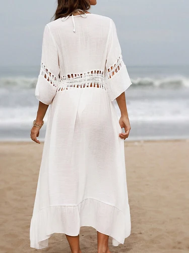 Imagen 2 del producto Vestido de verano de ganchillo, traje de baño bohemio para playa, blusa larga con cordones, vestido de playa tipo kimono con abertura en la parte delantera