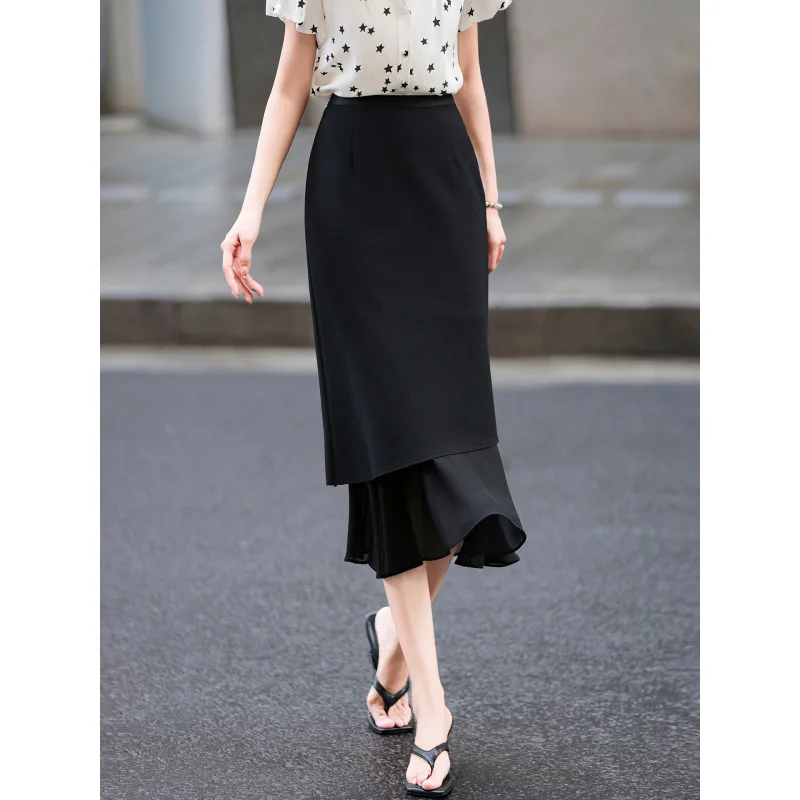 MEXCOCO 2026 Summer New Women High Waist Midi Pencil Skirt Irregular Ruffle Hem Spliced Slim Bodycon Office Daily Skirt