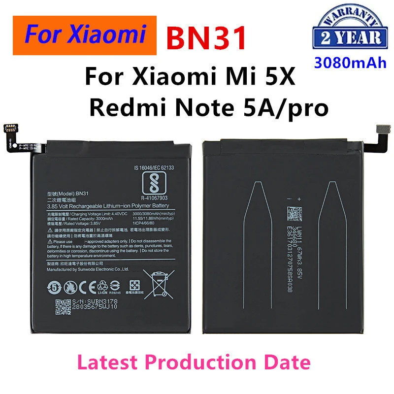 

Brand New BN31 3080mAh Battery For Xiaomi Mi 5X Mi5X Redmi Note 5A / Pro Mi A1 Redmi Y1 Lite S2 BN31 Batteries