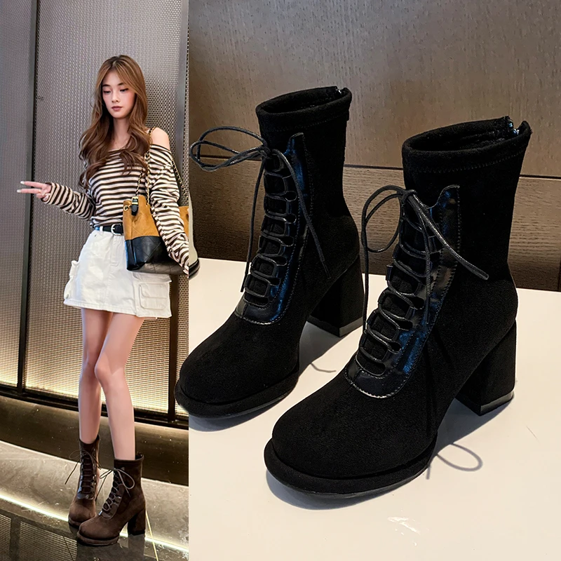 Thick-soled, Wide Heel, Round-top Lace-up Slim-fitting, Fashionable, Comfortable, Anti-slip and Breathable Women's Short Boots