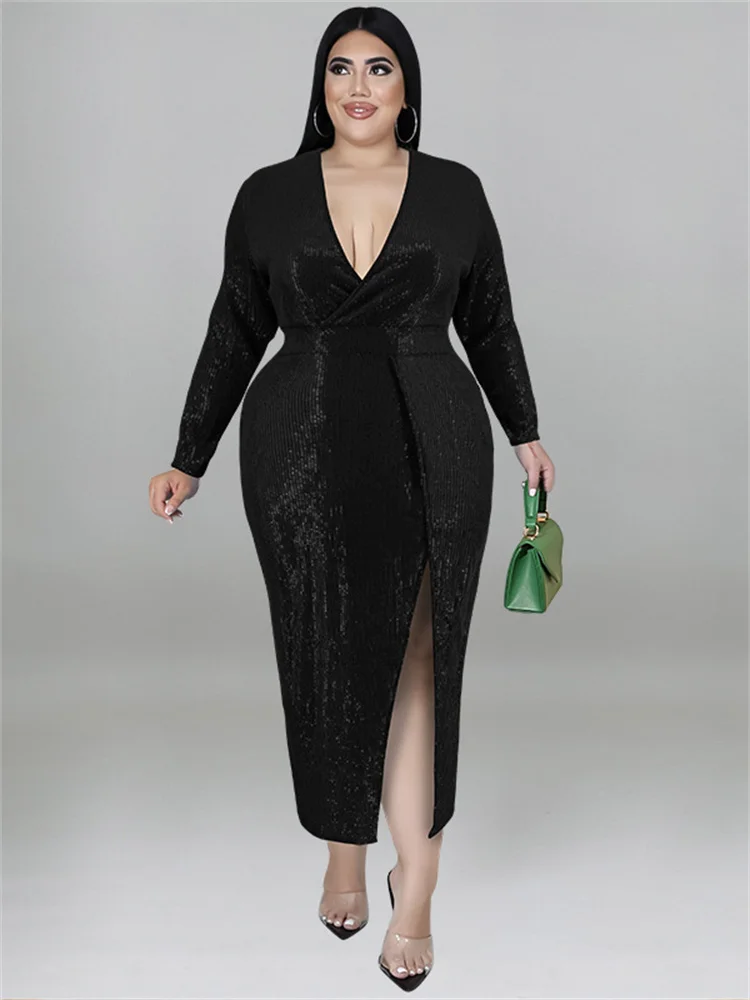 Wmstar Plus Size Women Clothing Sequins Party Dresses Fall V Neck Bodycon Elegant Sexy Evening Midi Dress Wholesale Dropshipping