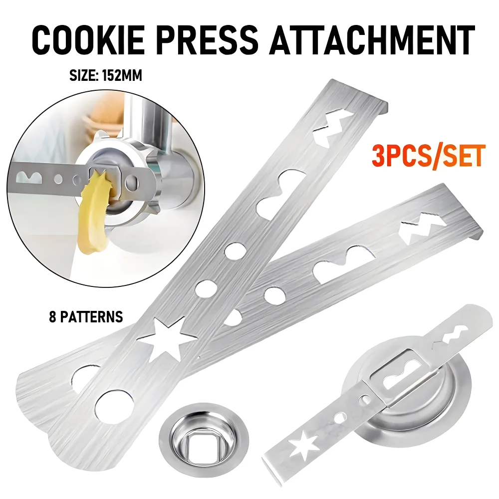 3Pcs Pastry Attachment 8 Patterns Biscuit Attachment Stainless Steel with Connection Ring Biscuit Mould for Size 5 Meat Grinder