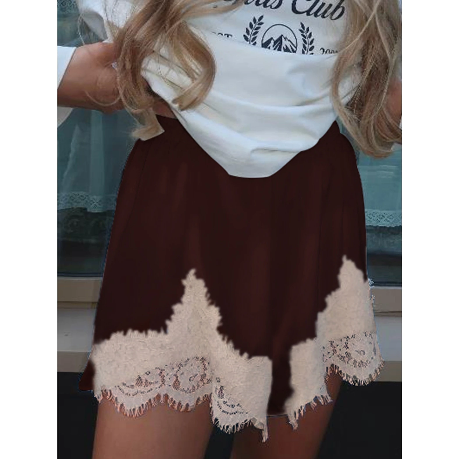 Elegant Lace Trim Wide Leg Shorts Women's Design Sense Fashion Casual Commute Cross-Border High Waist Polyester Blend