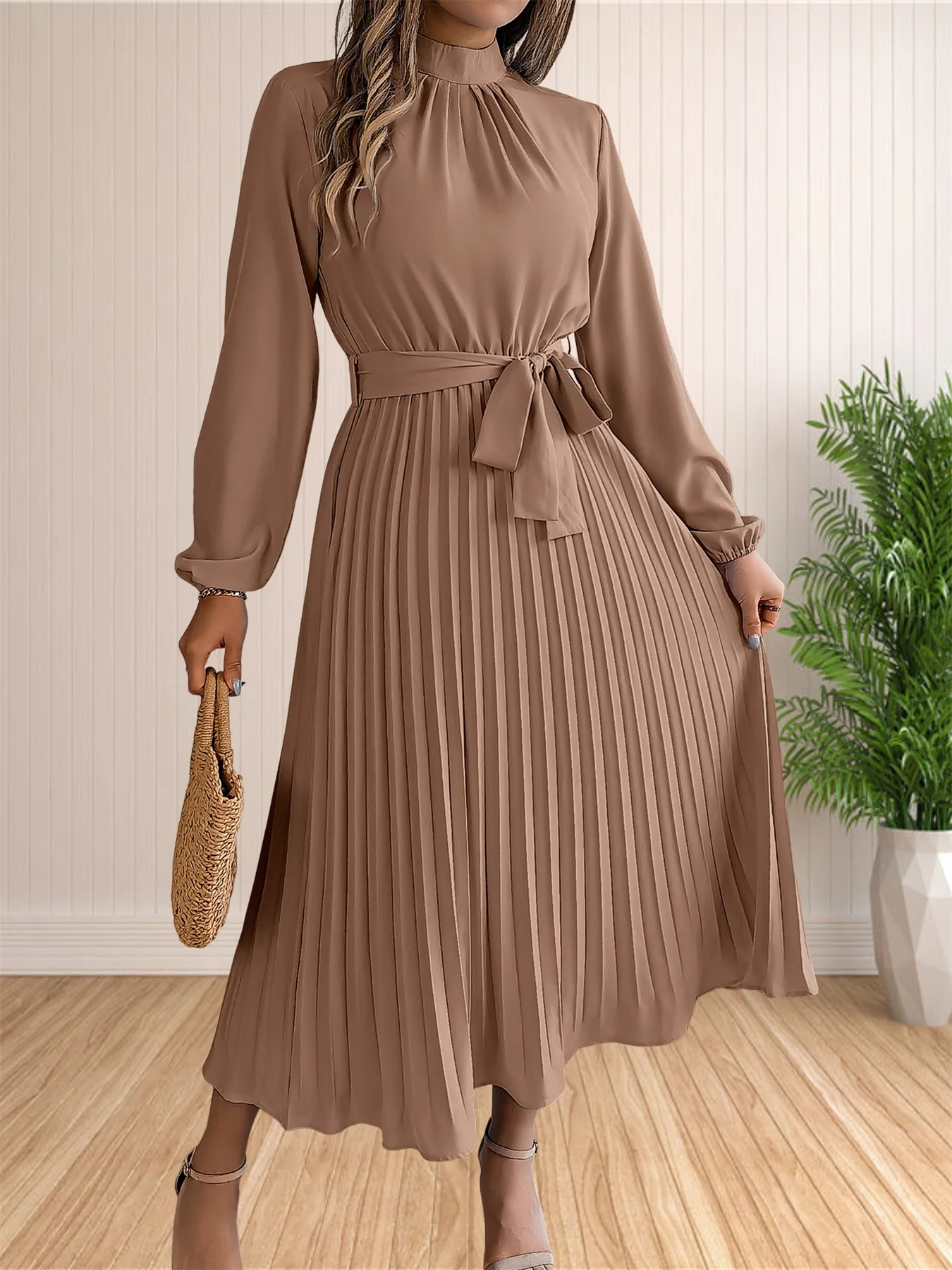 Women's Long Dresses Summer Elegant Pleated Long Sleeveed Lace Up Dresses Beach Boho Wrap Ruffle Hem Swing Sundress