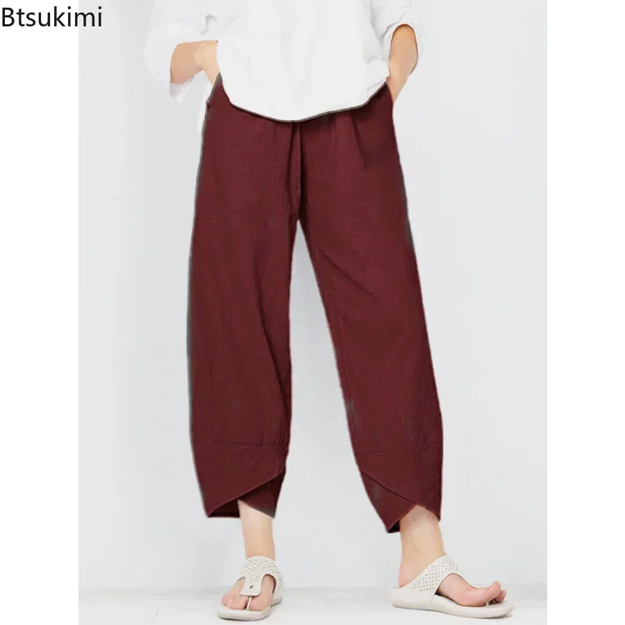 2024 Women\'s Summer Casual Cotton Linen Pants Vintage Loose Harem Pants Floral Printed Elastic Waist Wide Leg Pants Female S-5XL