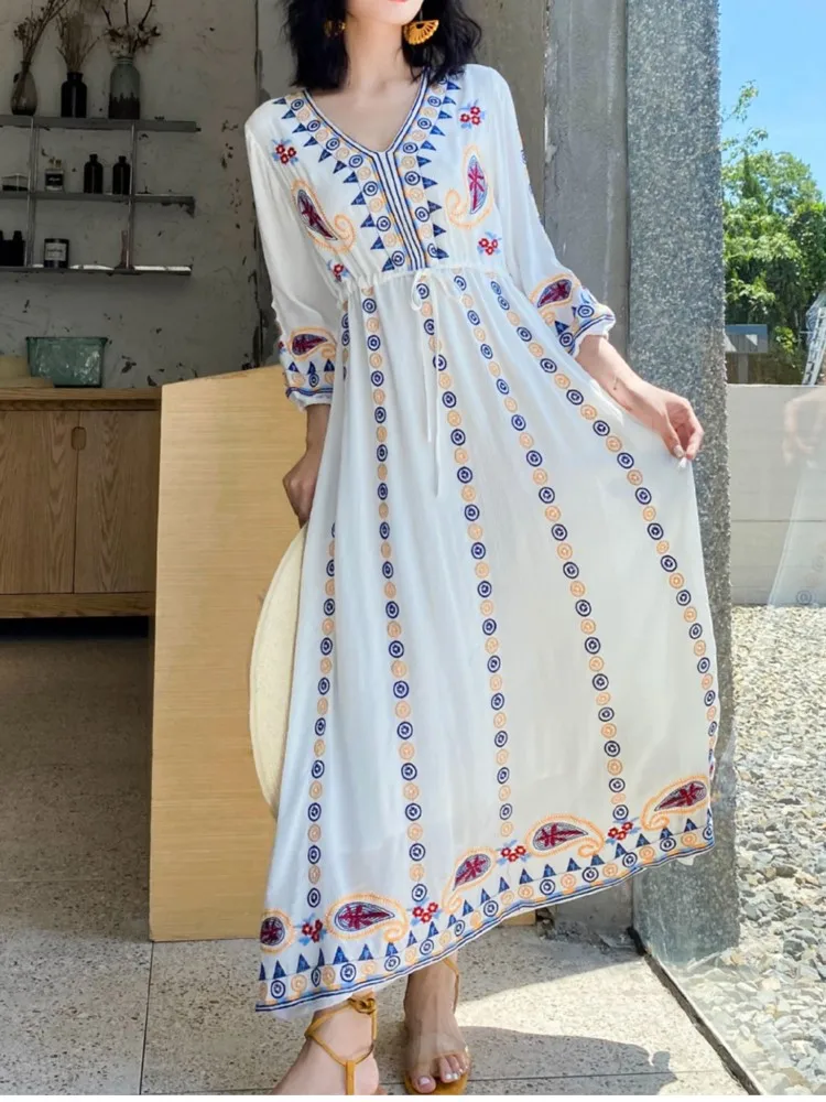 Jastie V-Neck Retro Folk Style Embroidery Dress Boho Hippie Tie Waist Casual Beach Long Holiday Dress Women Vestidos 2025 Spring