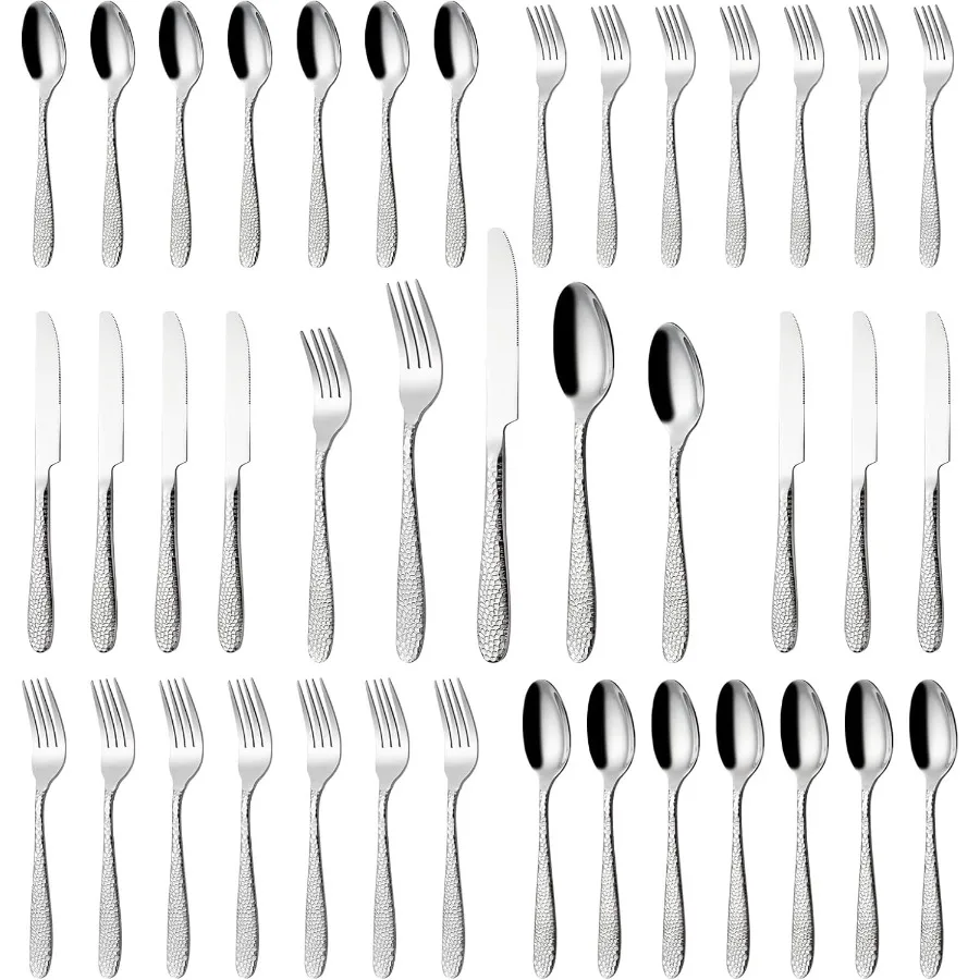 

Hammered Silverware Set 40Piece Heavy Duty Mirror Polished Stainless Steel Flatware Set Cutlery Set Flatware Service for 8