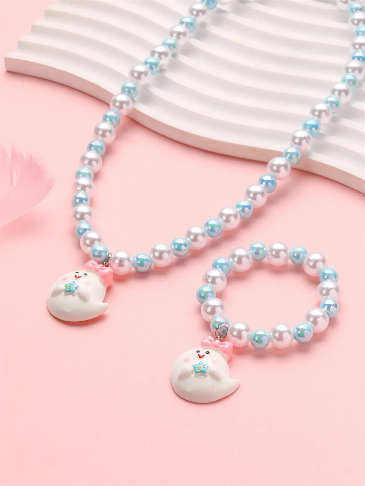 2 قطع الملونة تقليد اللؤلؤ قلادة سوار مجموعة أطفال بنات لعبة من الكارتون طقم مجوهرات الأطفال الأميرة تأثيري هدية