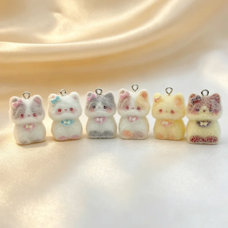 10Pcs Mixed Flocked Kitten Resin Charms Cute Mini Flocking Cat Pendant DIY Handmade Bracelet Keychain Necklace Craft Supplies