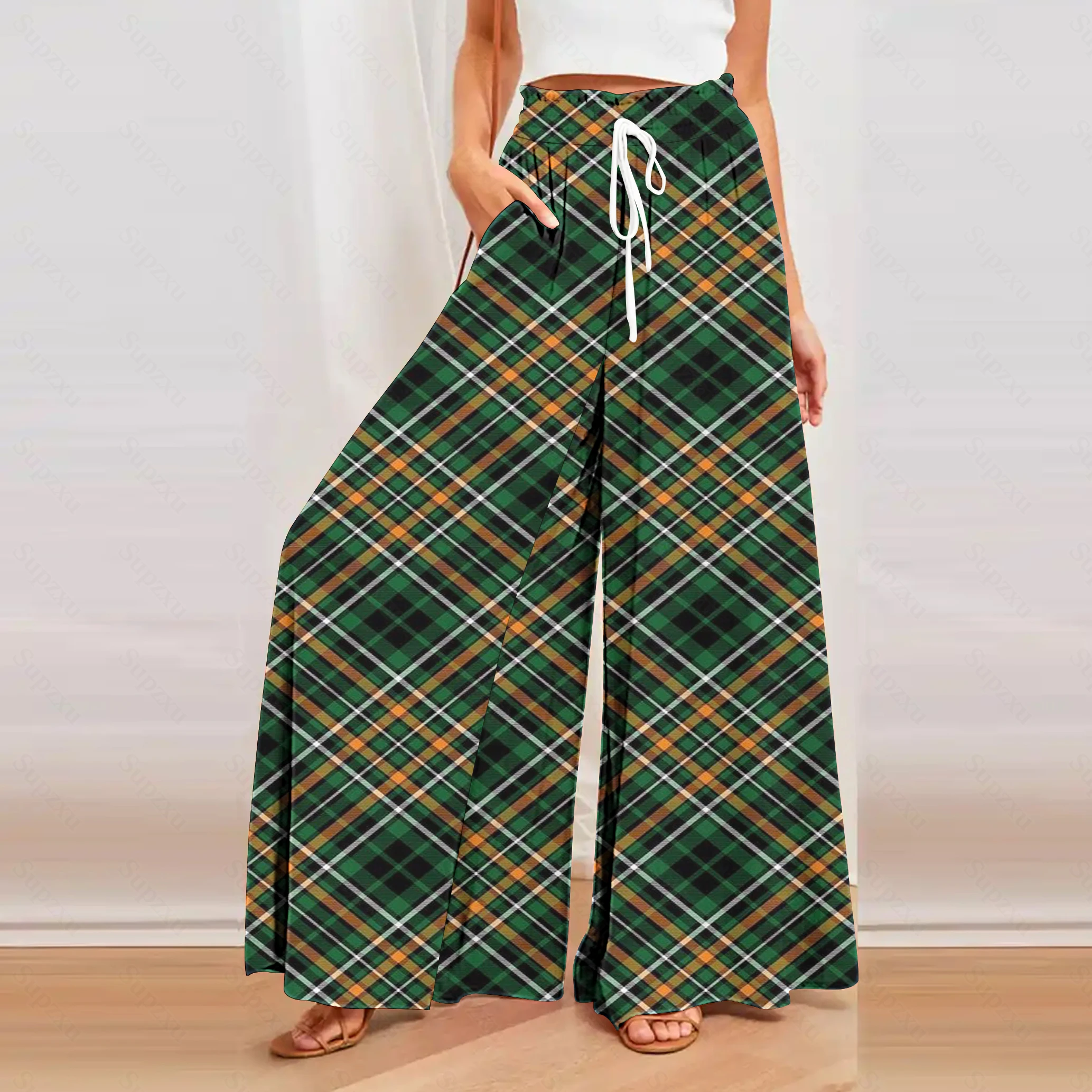 CLOOCL Wide Leg Pants Women Pockets Trousers Vertical Stripe Print Elastic Waist Pleated Light Ankle-length Pants Party Clothing