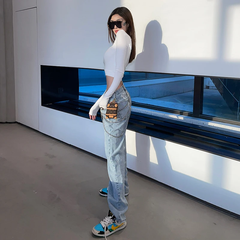 

ChiclyNana22 High Waist Straight Leg Casual Denim Jeans Print Design Street Sle Wide Leg Pants Autumn Collection