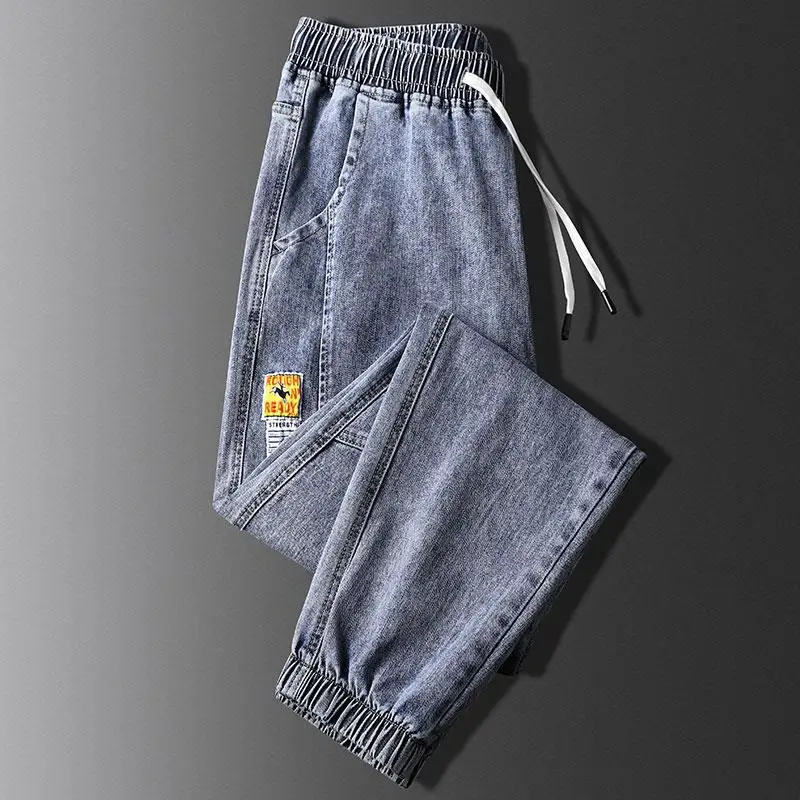 Jeans Men's Loose and Versatile Trendy Brand Summer Casual Leg Tied Pants 2024 New Leg Tied Nine Point Haren Pants