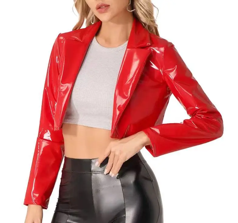 Dames glanzend leren jack wetlook blazer met revers korte jas latex leer lange mouw cropped jas rave party clubwear