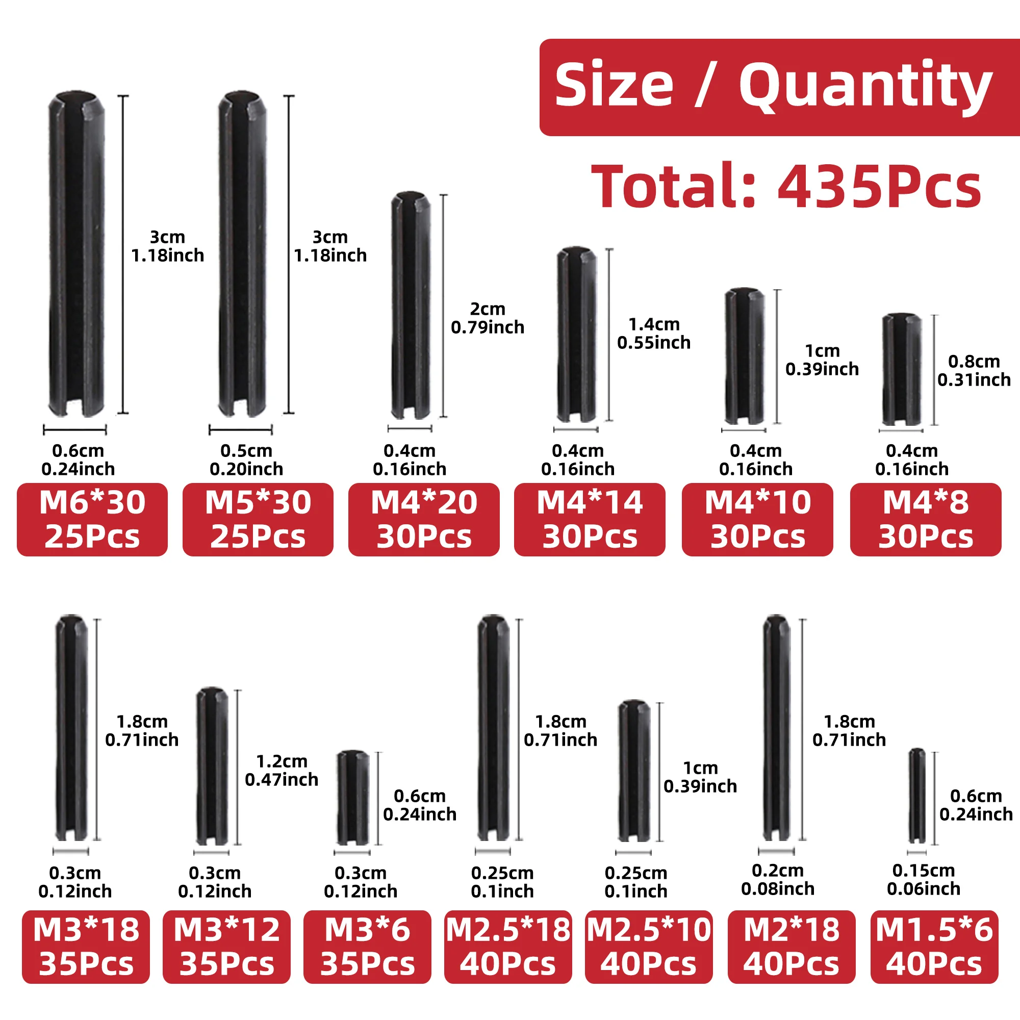 435Pcs Carbon Steel Galvanized Slotted Spring Pin Assortment Kit - Elastic Cylindrical Cotter Pins Set for Multifunctional Use
