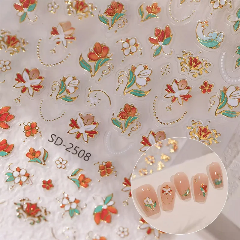 1pc ネイルアートステッカーヴィンテージ絶妙な花竹粘着スライダー蝶ネイルデカールマニキュアのヒントアクセサリー