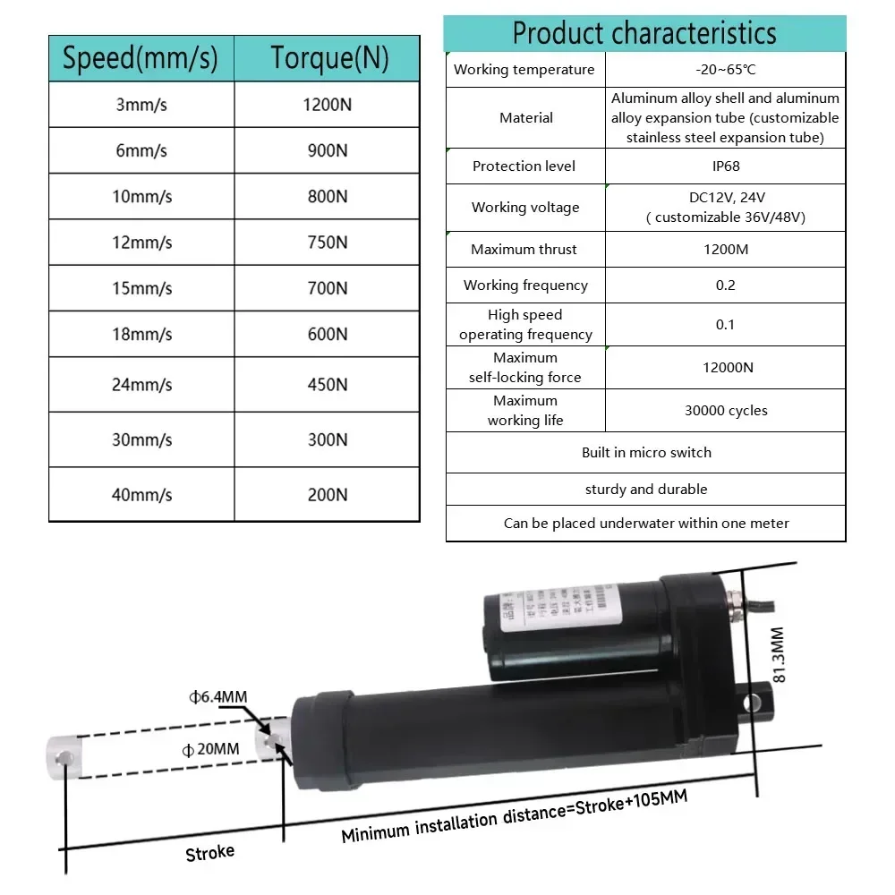IP68 Waterproof Electric Push Rod High Thrust 1200N Linear Actuator Electric Cylinder Push Rod DC12-48V Reciprocating Motor
