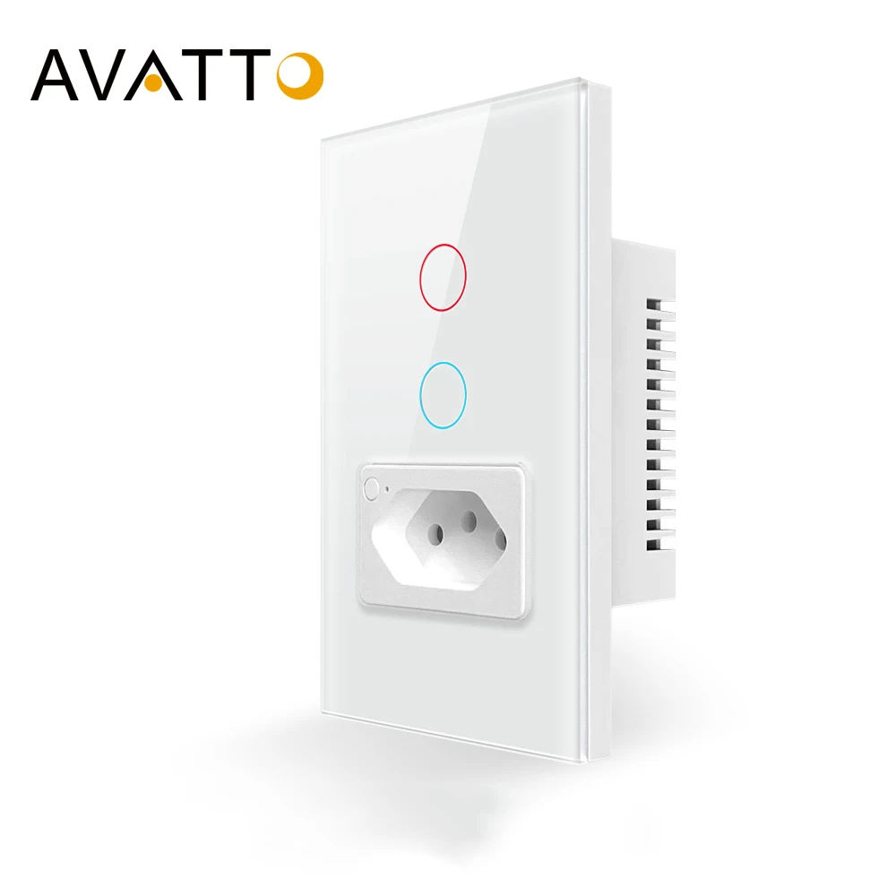 AVATTO WiFi Smart Wall Switch & Socket Brazil Standard 4X2 Glass Panel 1/2 Buttons Light Switch Tuya APP，For Alexa Google Home