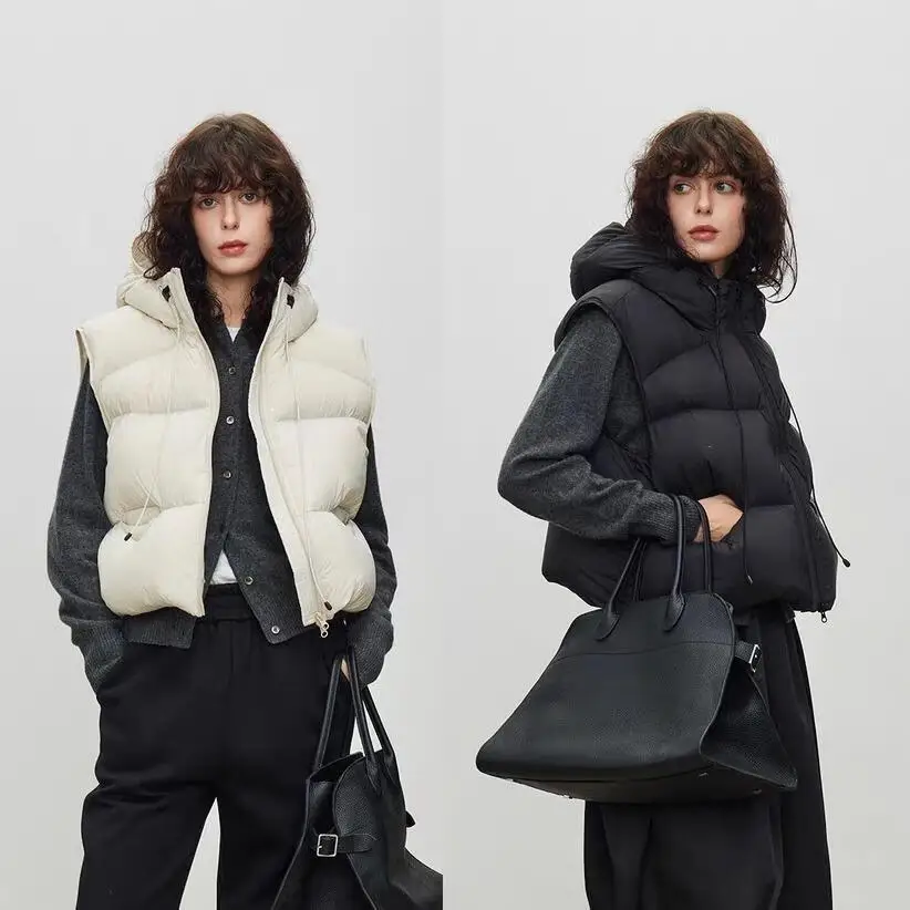 Damska kamizelka z kapturem, ocieplana, nowa kolekcja jesień-zima 2025, koreański styl, modna, luźna, ciepła krótka kurtka.