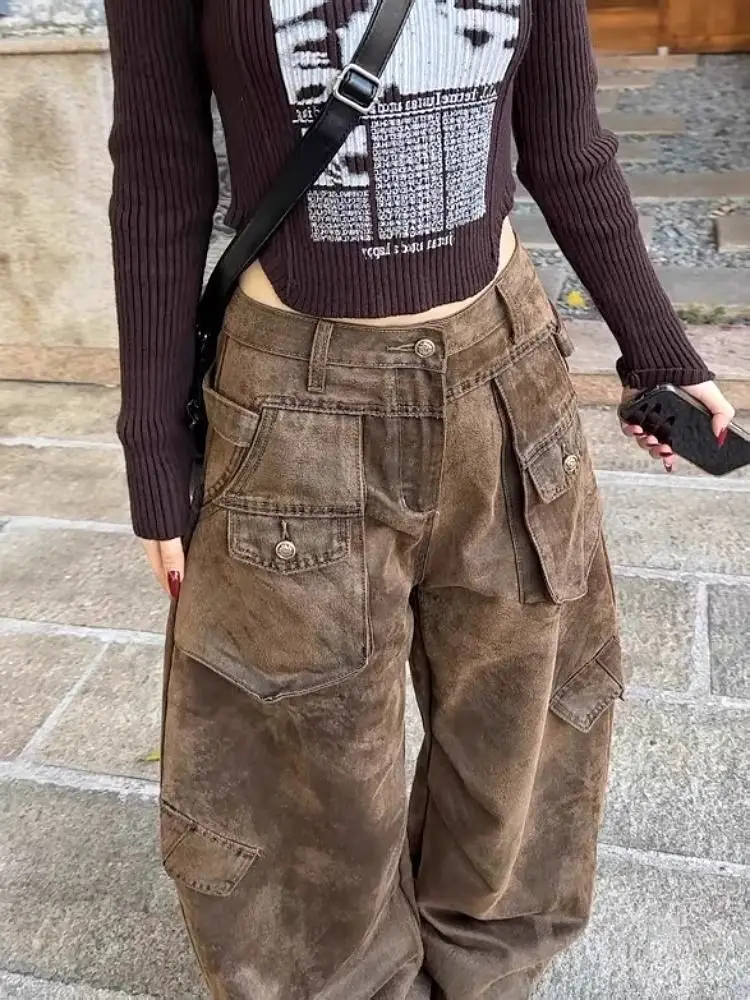 Jean Cargo rétro marron pour femme, pantalon Cargo, grande taille, Y2K, multi-poches, ourlet incurvé, longueur au sol, collection automne-hiver 2025