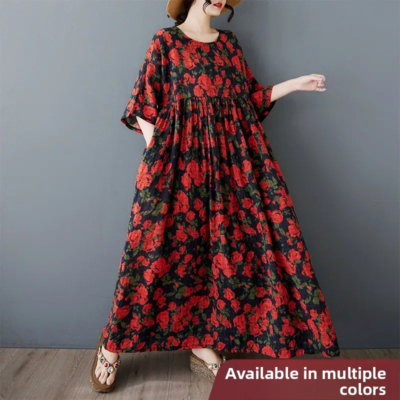 

Summer n Casual Loose Dr round Ne Svel Midi Skirt for plus Size Women Vaion Wear Cotton Linen Blend