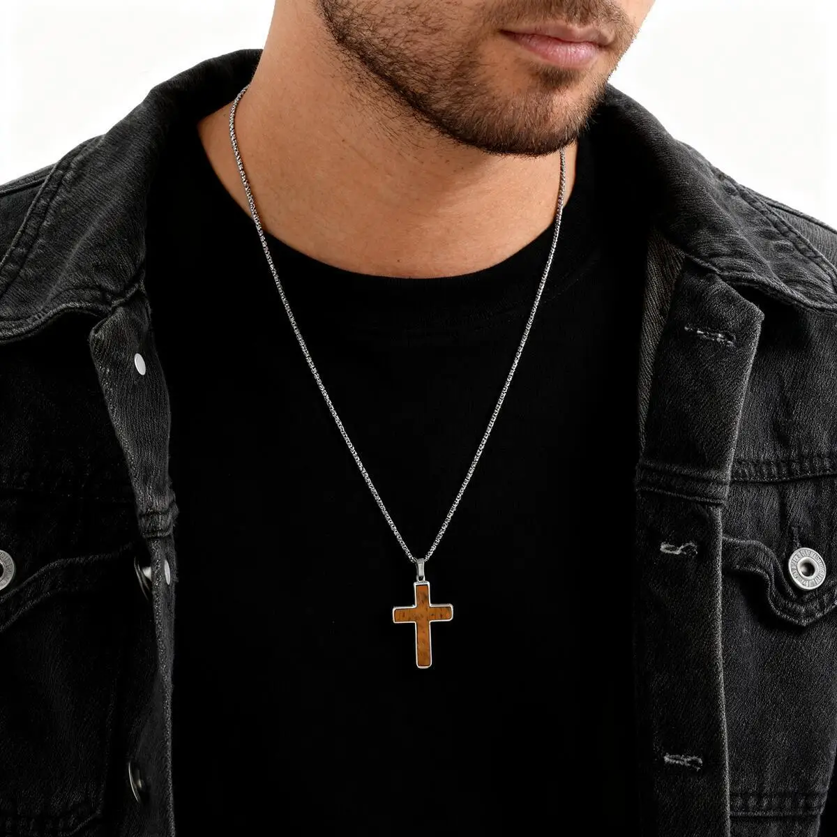 Stilvolle Herren-Kreuz-Halskette aus natürlichem schwarzem Onyx, wasserdichter Kreuz-Anhänger aus Edelstahl, Weihnachtsgeschenk zum Valentinstag – Detail 2