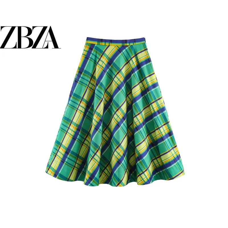 Vintage Plaid Print Midi Skirt Women's Fashion Versatile Checkered Polyester Fabric Button Detail A-Line Skirt from China
