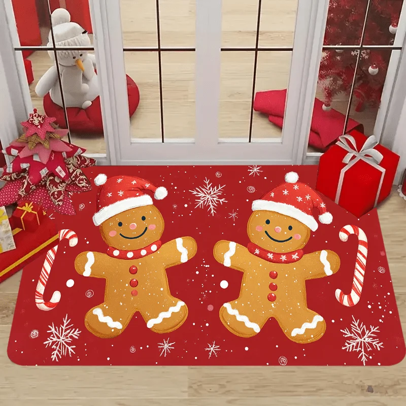 Christmas Flannel Door Mat Two Cute Gingerbread Men Santa Hat Candy Cane Snowflake Print Non‑Slip Floor Rug for Xmas Home Decor