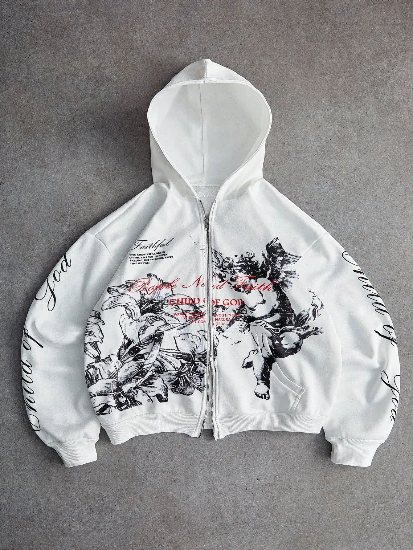 

Белая толстовка на молнии с принтом ангела и цветочным узором, в уличном стиле, для повседневной носки осенью и зимой