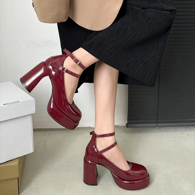 African Woman Shoe Square Toe Beige High Heels Mary Jane Basketball Platform 2024 Chunky Sandals Burgundy 12cm Lolita Latest Blo