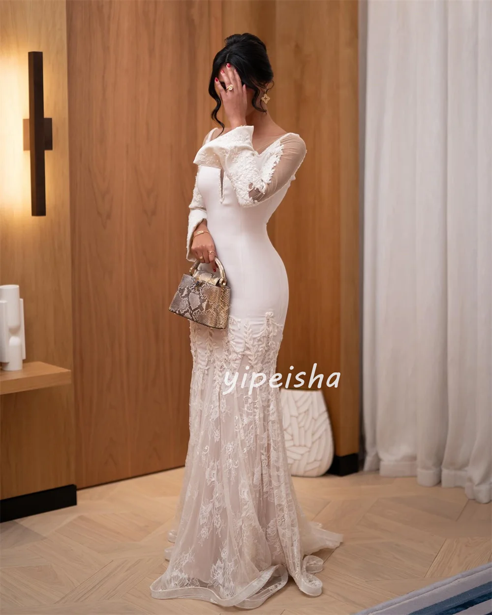 Personalizzato squisito intricato jersey pizzo perline sirena scollo rotondo abiti lunghi abiti da occasione su misura abbinati alla moda
