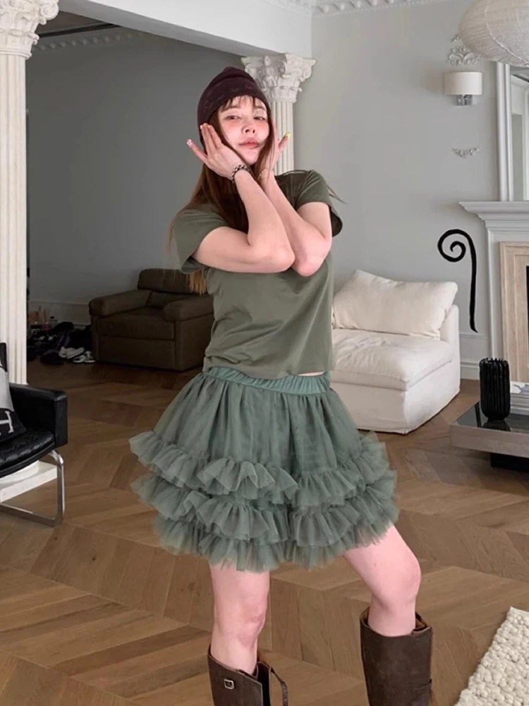 

Retro High Waist Slimming Splice Lace Trim Puffy Skirt f-length Cake Skirt for Women Summer Chic Commute Sle Polyester F...