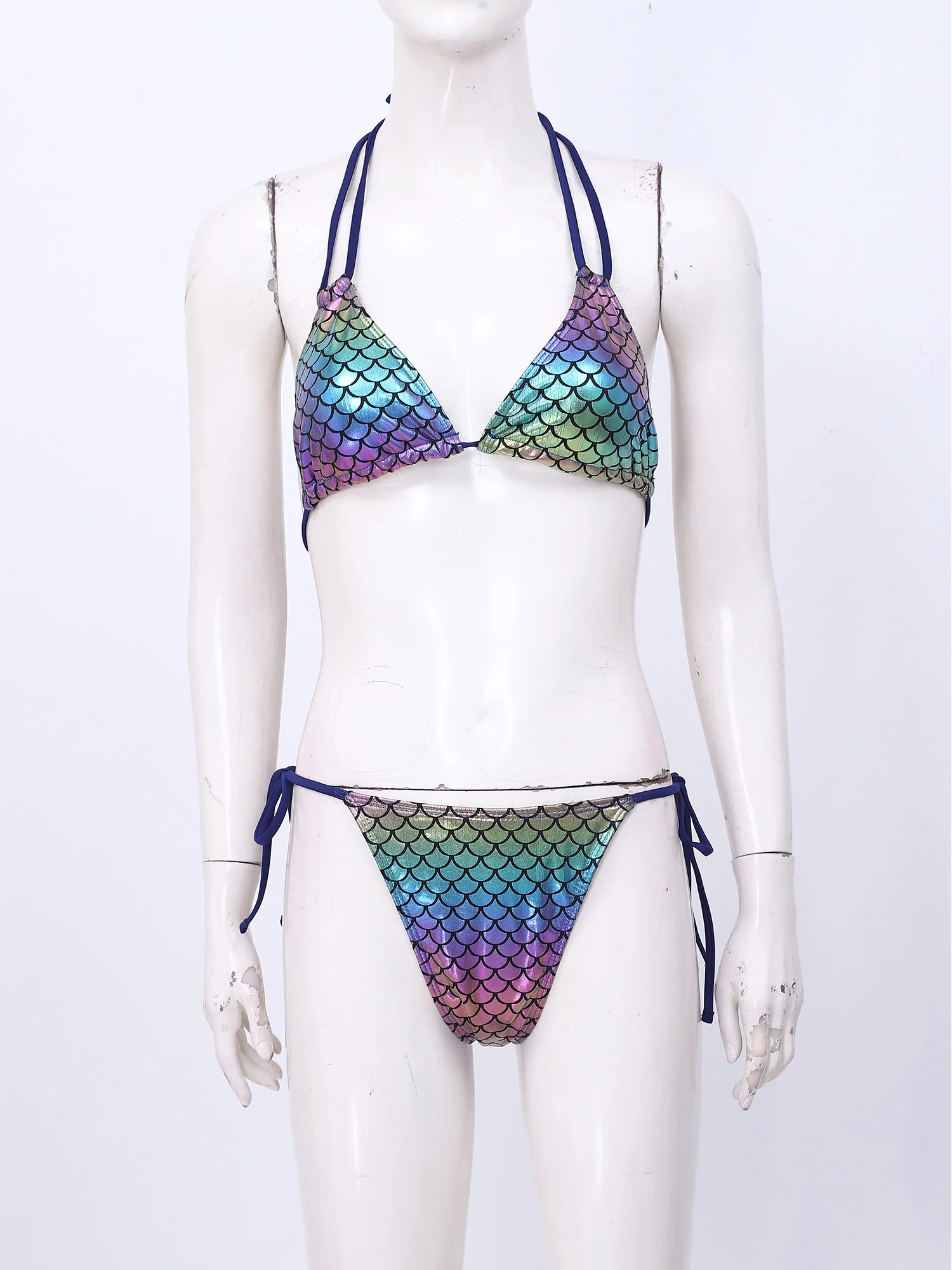 Women Metallic Shiny Fish Scale Bikini Set Bathing Suit Removable Chest Pad Bra with Briefs Swimwear for Beach Pool Sunbathing