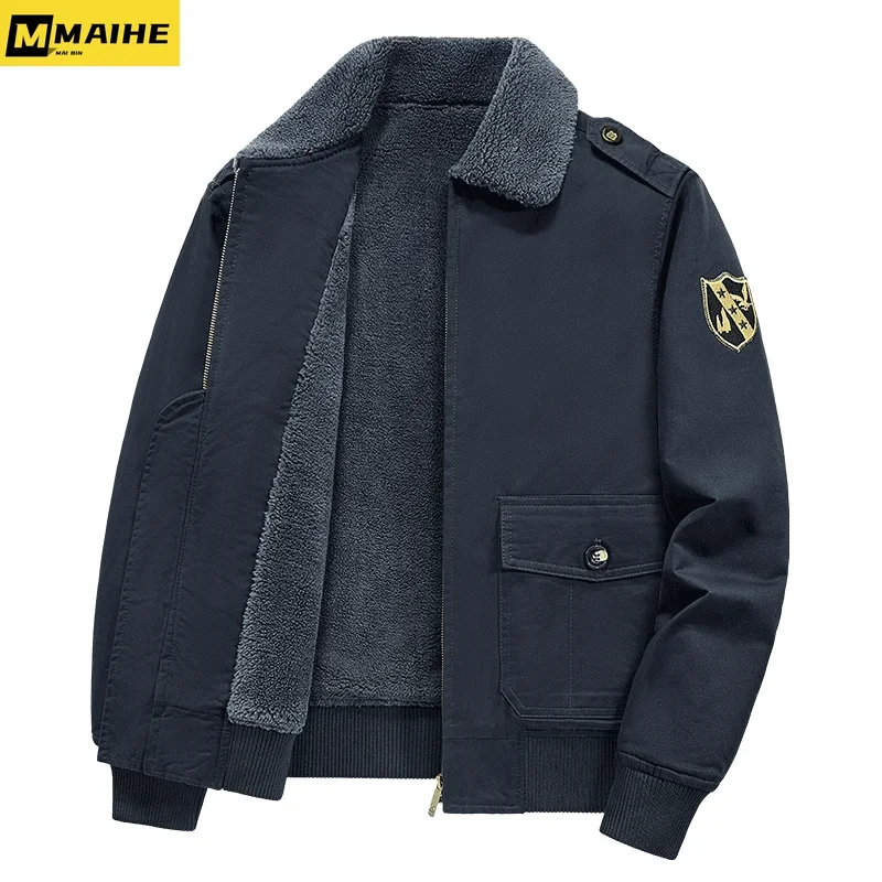 Autumn/Winter MA-1 Men's Cargo Jacket Thickened Warm Wool Lined Army Green Baseball Coat Plus Size Vintage Cotton Jacket For Me