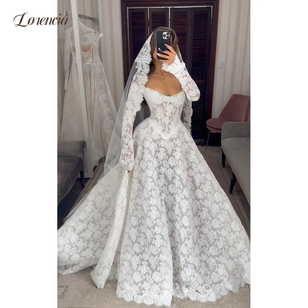 Lorencia Romantic Long Sleeves Full Lace Wedding Dresses 2026 Off the Shoulder Boned Basque A-Line Bridal Gowns Customized