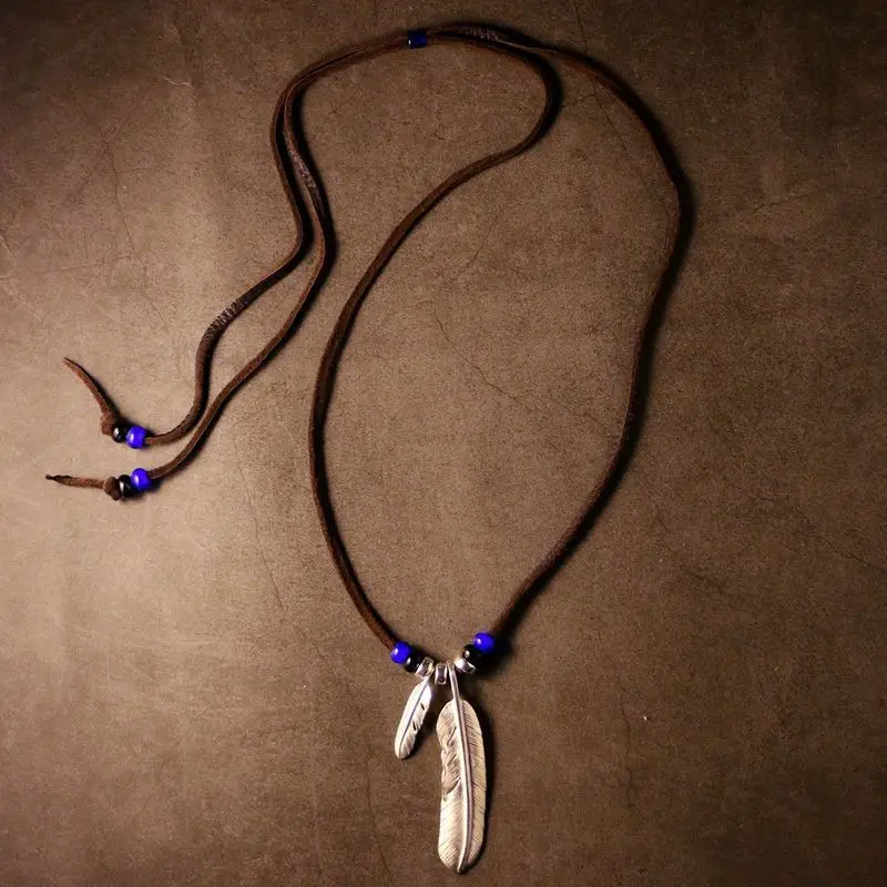 المألوف الهندي الرجعية نمط ريشة الفيروز قلادة بو الجلود حبل قلادة الرجال والنساء تصميم سلسلة الترقوة #4