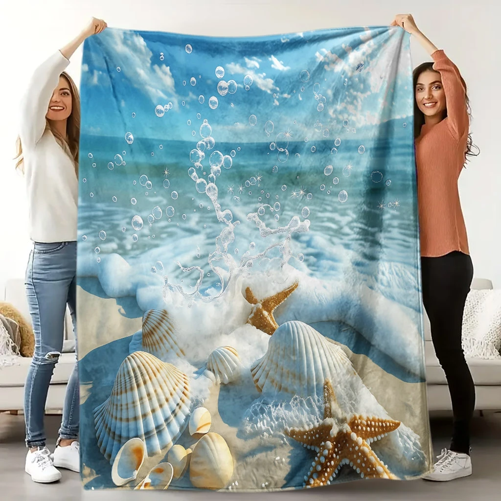 1pc Comfortable Beach Shell Theme Flannel Blanket, Home Decor Throw Blanket, Year-Round Use! Soft and Breathable 100% Polyester,