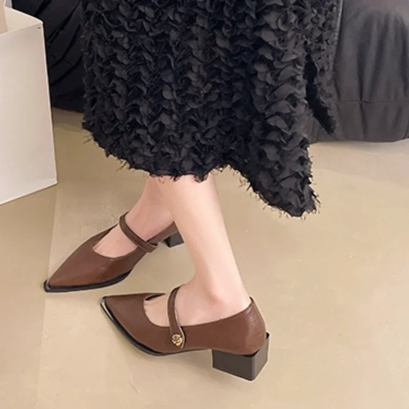 الرجعية وأشار أحذية نسائية واحدة 2025 تنوعا خط واحد حزام عادية كعب سميك الضحلة مشبك معدني كعب منخفض أحذية نسائية