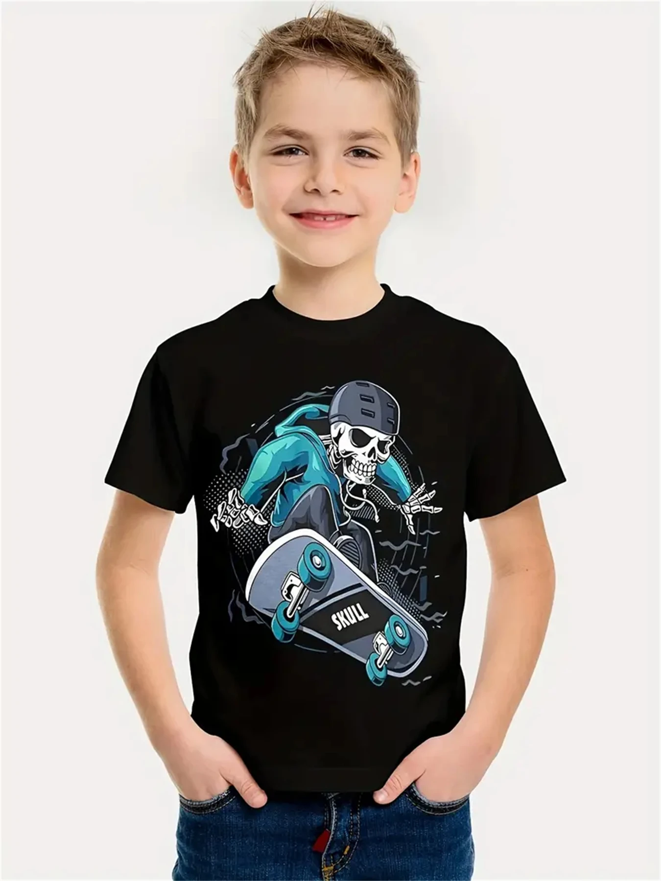 Boys Skull Motorcycle Rider 3D Printed Graphic T Shirts Short Sleeve Tees for Boys Casual Round Neck Summer Children's T-Shirt