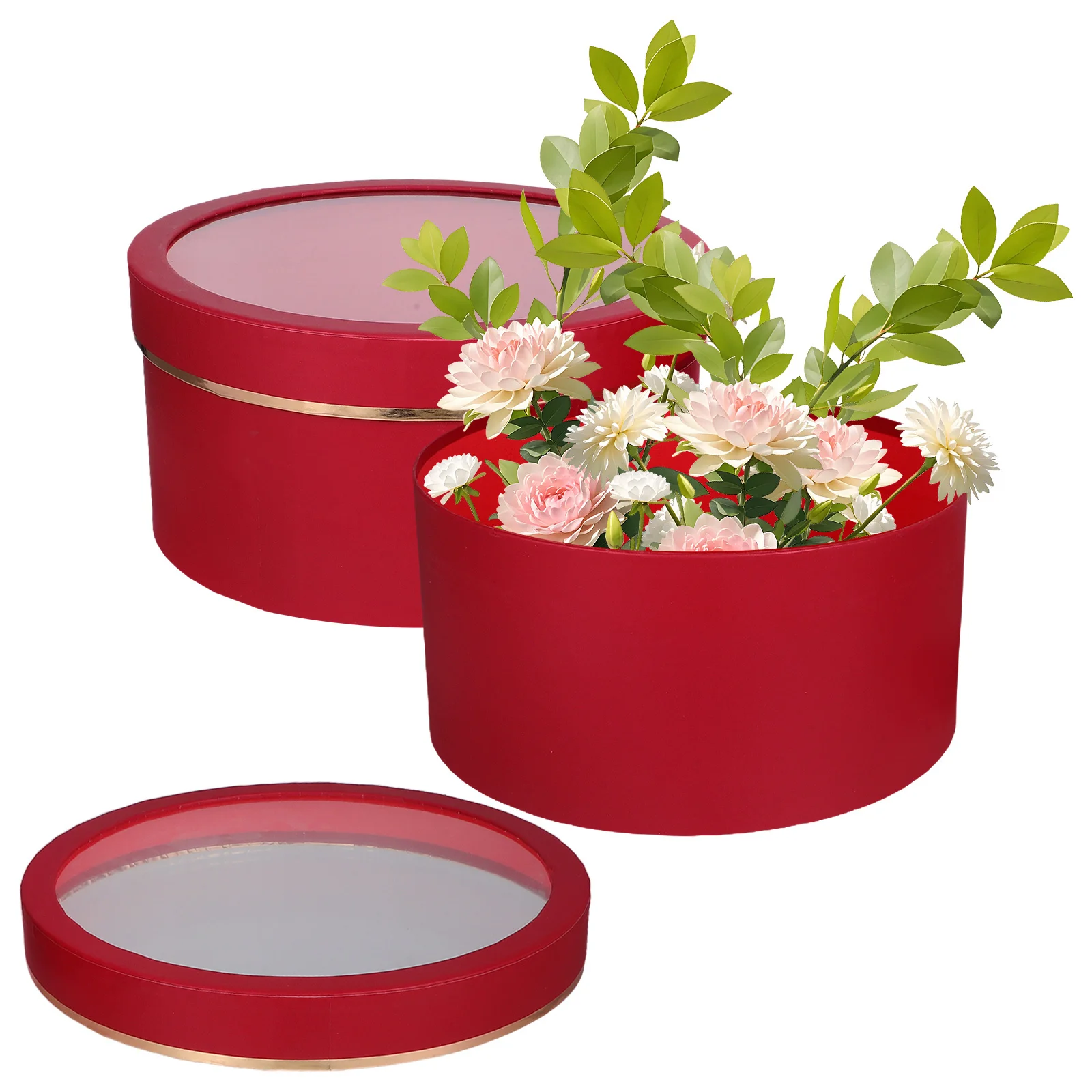 

2pcs Round Window Gift Box Transparent Pvc Flower Packaging For Bouquets Valentine'S Day Wedding Floral Arrangement Box With Lid
