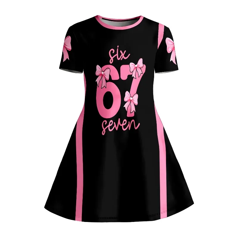 Mädchenkleid mit rosa Schleifenmuster für 6 oder 7 Jahre, schwarzes Freizeit-T-Shirt-Kleid für Kinder, geeignet für Geburtstagsfeiern und als Geschenk. – Detail 6