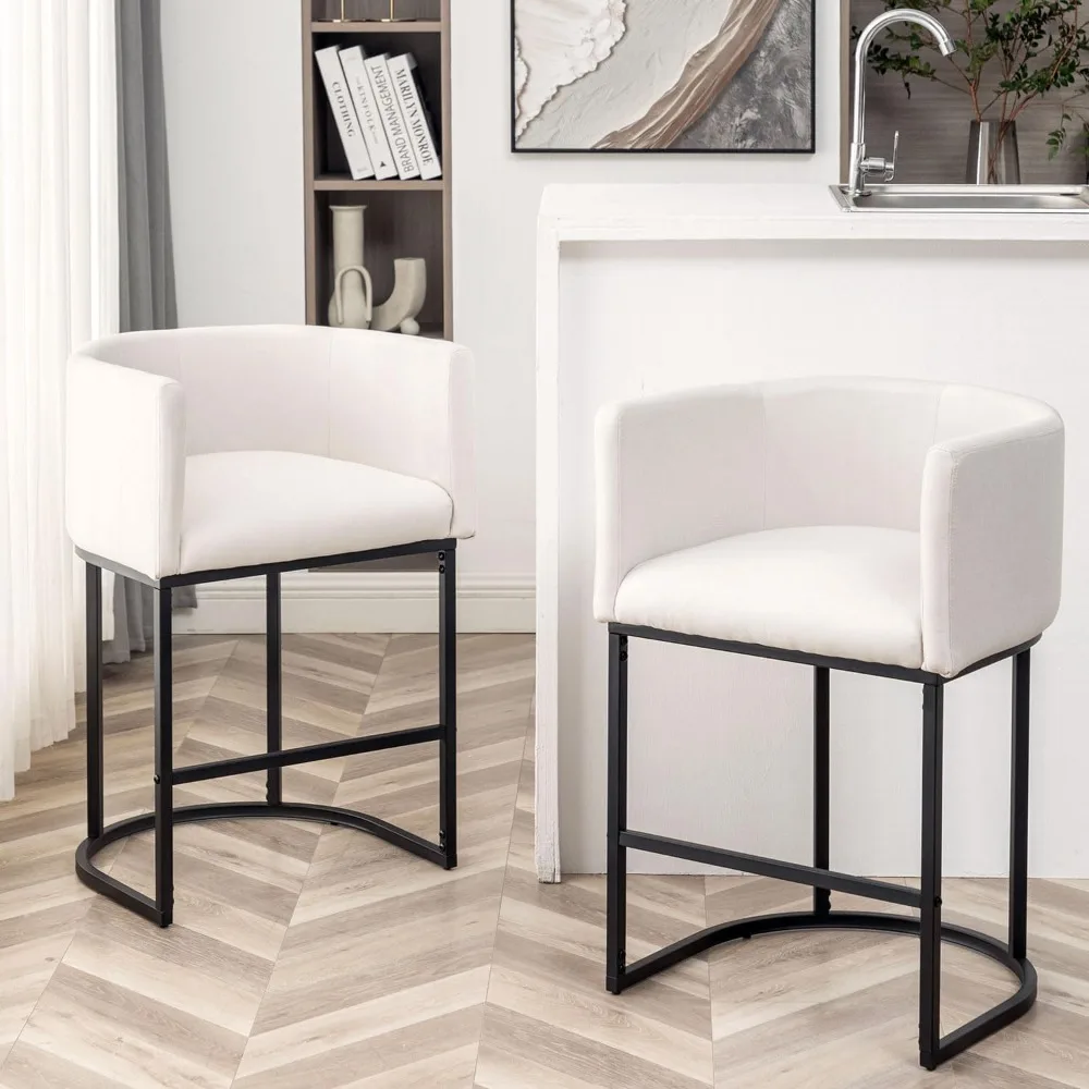 

25" Counter Height Bar Stools Set of 2, Modern Bar Stool with Back, Barrel Bar Chairs with Metal Frames, Upholstered Barstools f