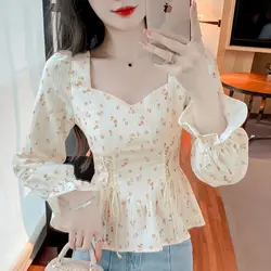 French Sweet and Fresh Floral Top for Women's New Design Slim and Waist Hugging Short Chiffon Shirt