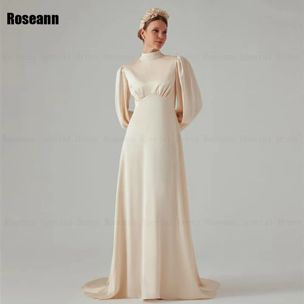 

Muslim High Collar Fashion Ivory A-line Wedding Dresses Ruffle Satin Fold Draped Pleat Bride Gown Floor Length robe de mariée