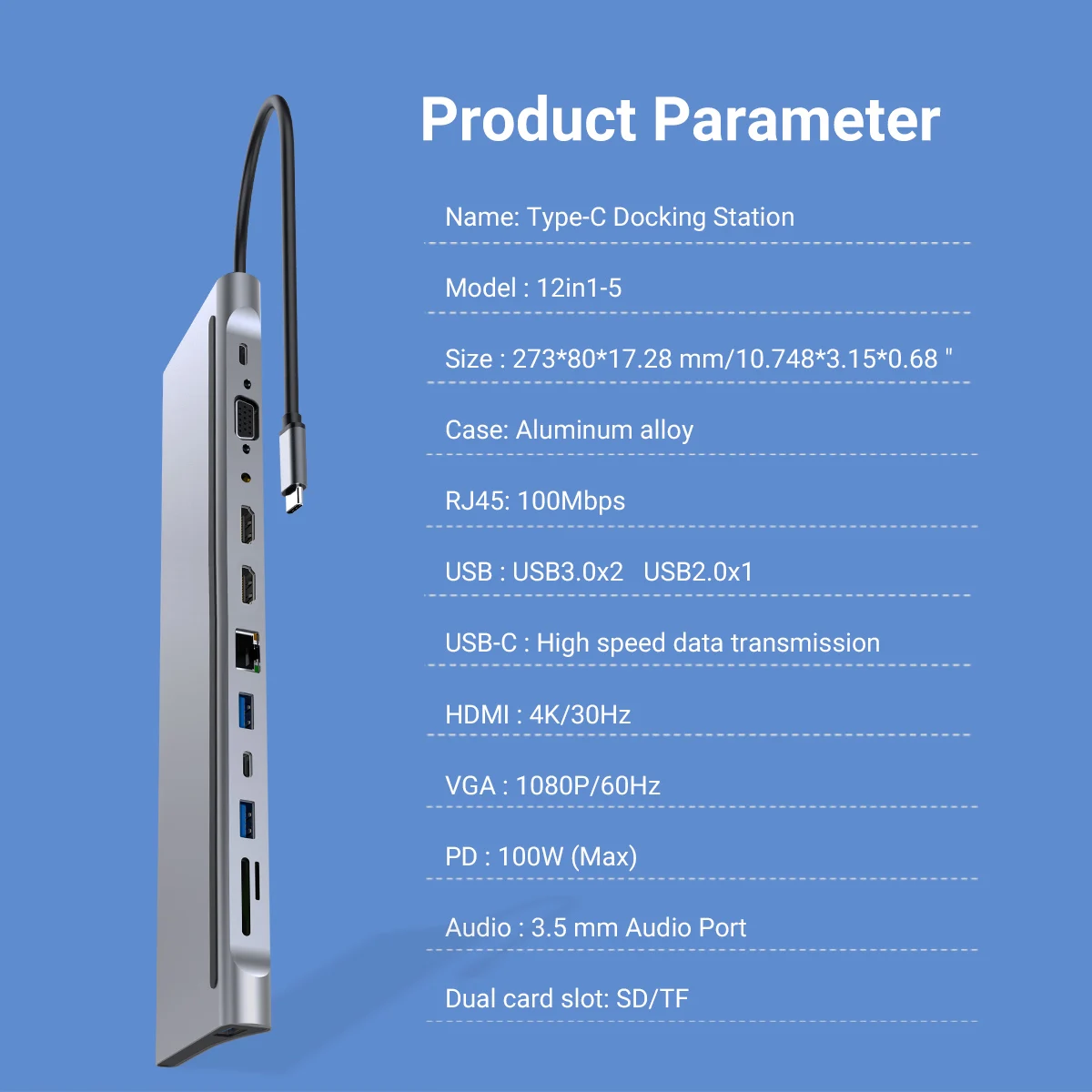 USB-C 도킹 스테이션, 알루미늄 쉘 C타입 허브, HDMI * 2, PD 100W, USB 2.0, 3.0, SD, TF, RJ45, VGA, 휴대폰, 노트북용, 12 in 1