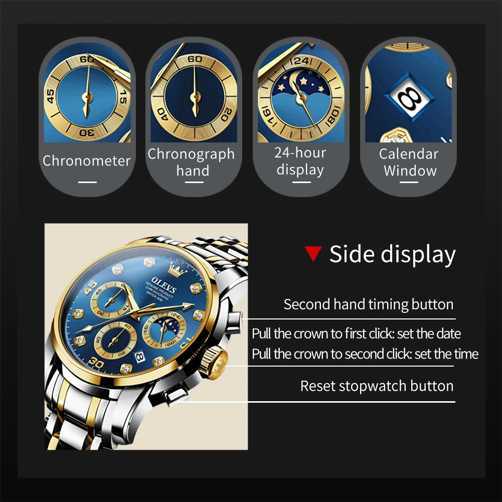 OLEVS-reloj de cuarzo de acero inoxidable con esfera redonda, cronógrafo luminoso, calendario, 2889