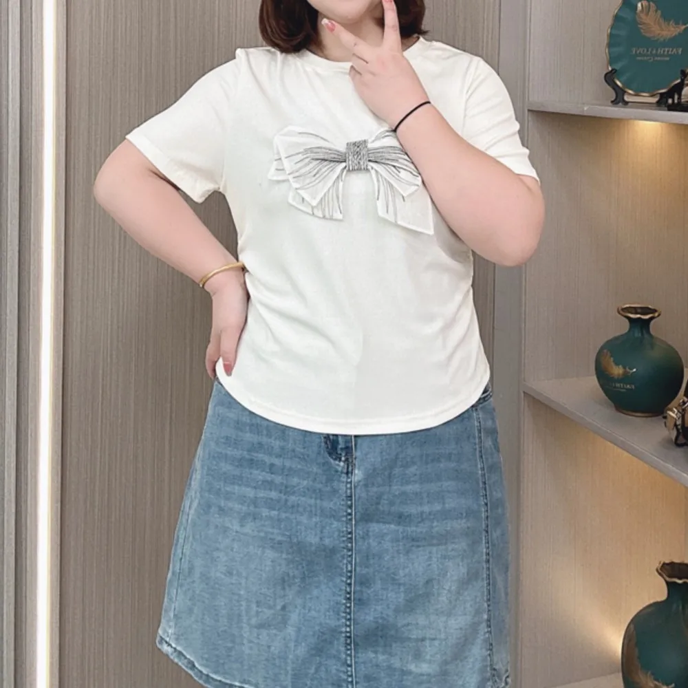 Plus Size Damen Kurzarm T-Shirt Sommer neue entspannte dünne 3D dekorative Schleife lässig beide Seiten Falt oberteil